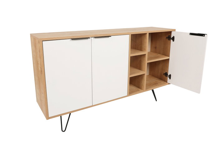 Hanah Home Consola Roble, Blanco. Fabricada 100% en tablero de partículas revestido de melamina con patas metálicas. Medidas: 142x83x35.6 cm.